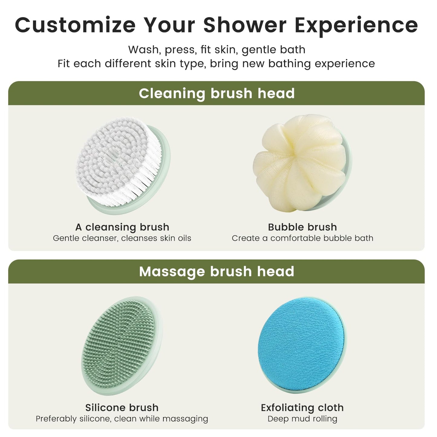 Electric Body Brush 4 Heads Waterproof Long Handle Shower Back Scrubber USB Rechargeable Exfoliating Bath Cleaning Brush