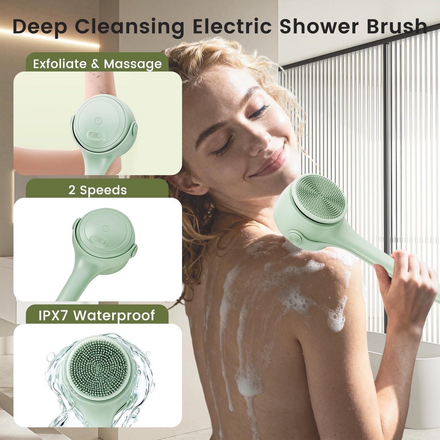 Electric Body Brush 4 Heads Waterproof Long Handle Shower Back Scrubber USB Rechargeable Exfoliating Bath Cleaning Brush