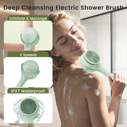 Electric Body Brush 4 Heads Waterproof Long Handle Shower Back Scrubber USB Rechargeable Exfoliating Bath Cleaning Brush