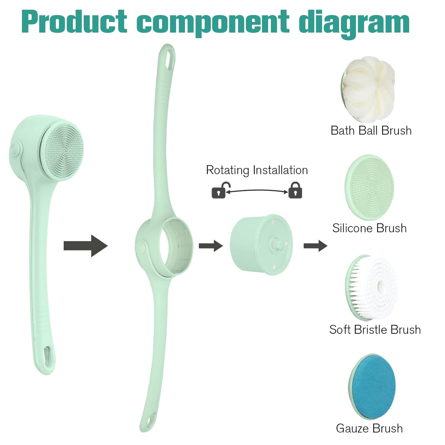 Electric Body Brush 4 Heads Waterproof Long Handle Shower Back Scrubber USB Rechargeable Exfoliating Bath Cleaning Brush